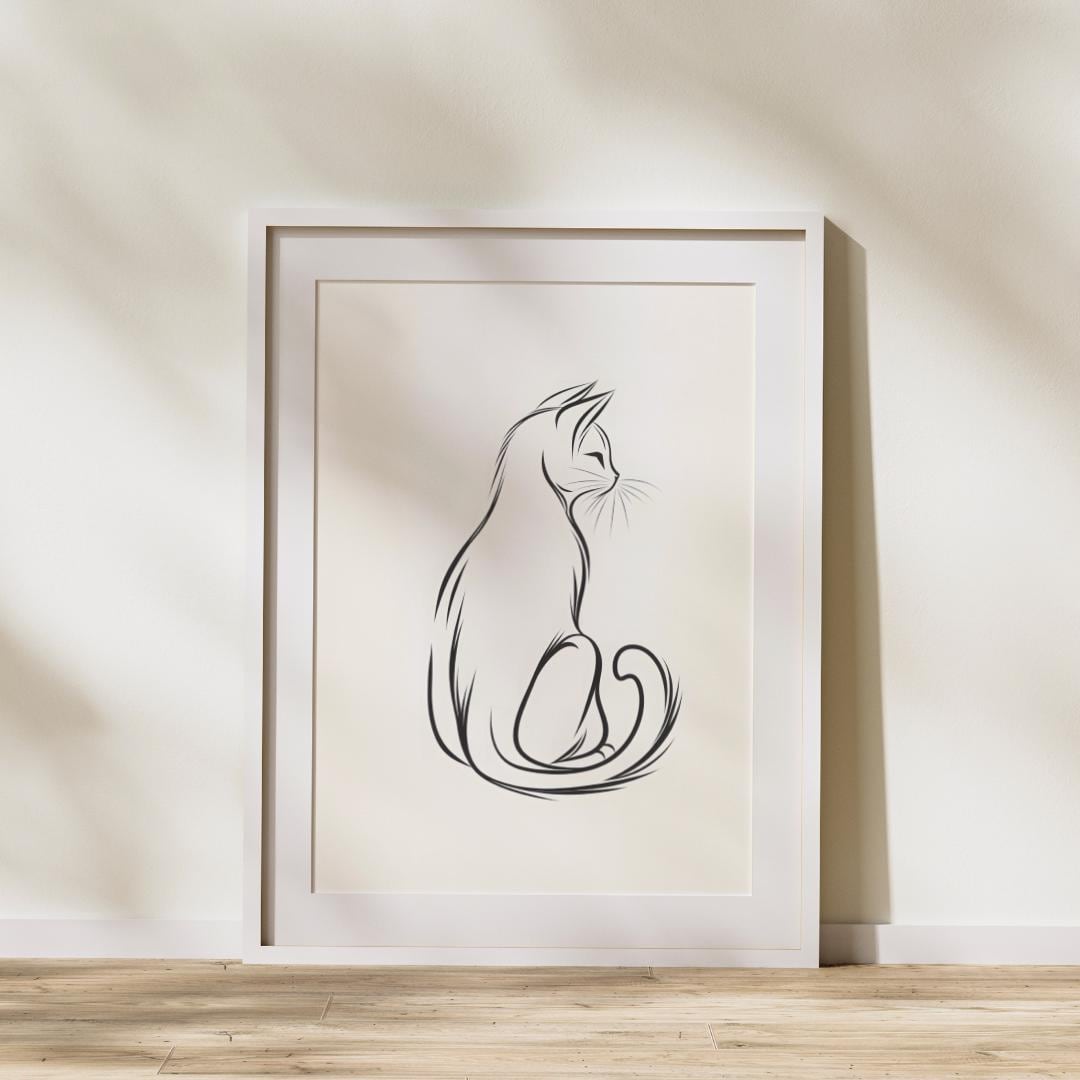 Minimalist Cat Line Art Print | Black and White Home Decor (digital ...