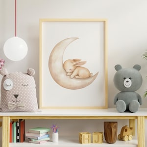 Sleeping Bunny Moon Print | Watercolor Nursery Wall Art, Cute Rabbit Baby Room Decor & Gender Neutral Animal Poster