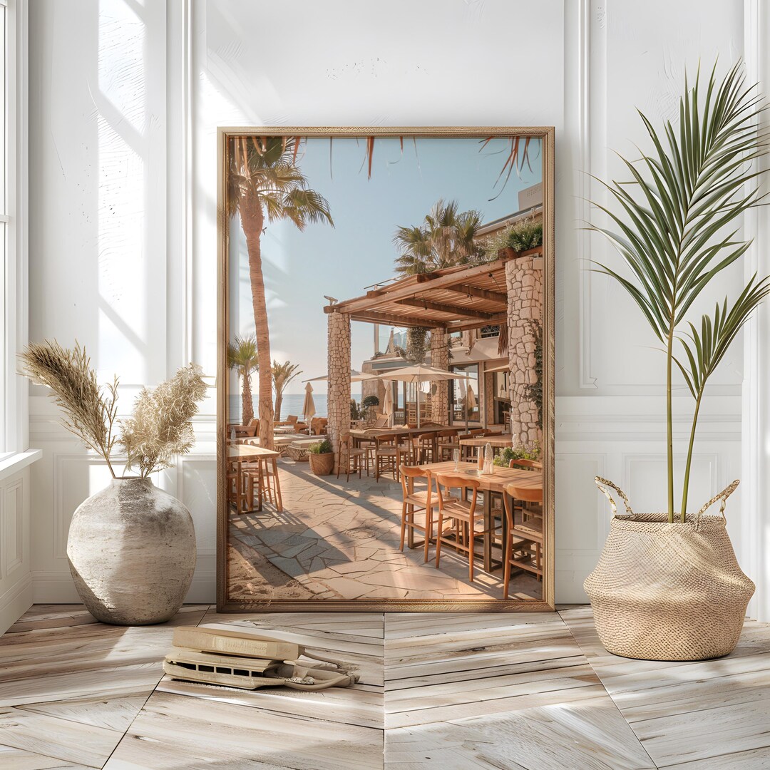 Mediterranean Wall Art Print - Coastal Café Terrace Scene With Palm ...