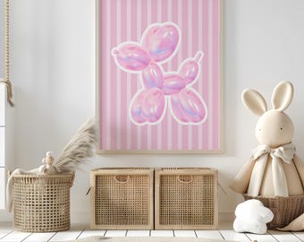 Estampado de perro rosa con globos / Decoración de pared infantil estilo preppy (Descarga digital)