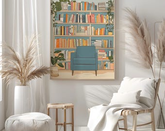 Cozy Reading Nook Wall Art Print with Bookshelf and Armchair, Colorful Literary Poster for Book Lovers and Home Library Decor