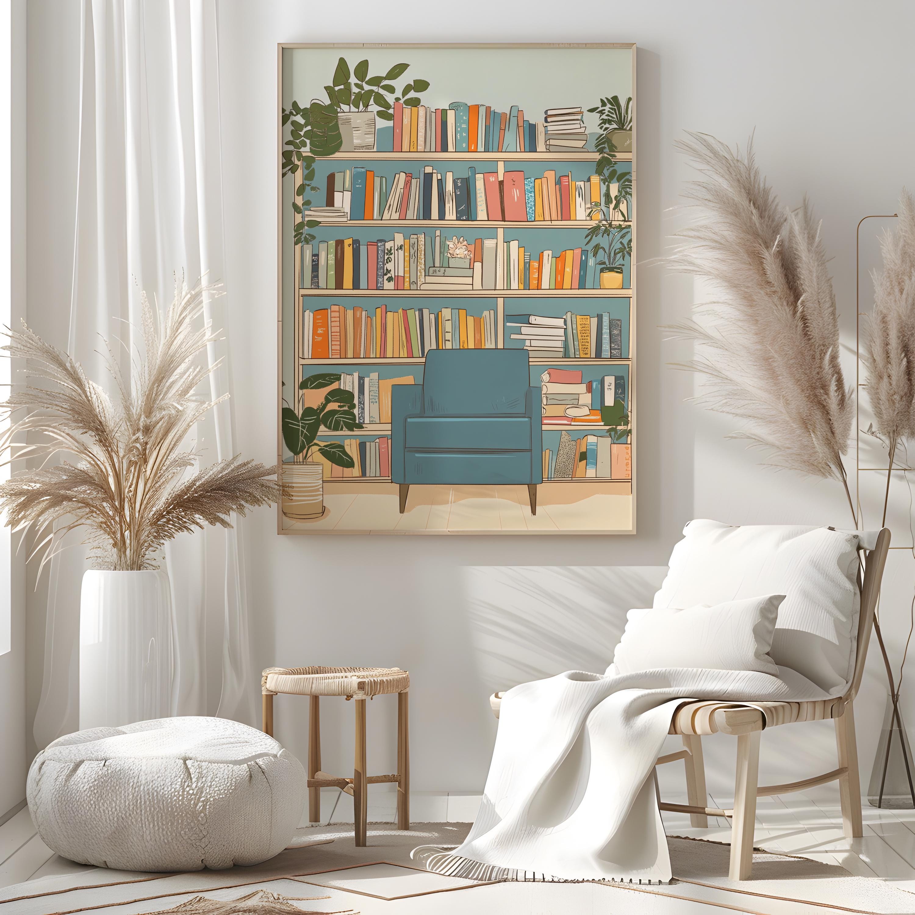 Cozy Reading Nook Wall Art Print With Bookshelf and Armchair, Colorful ...