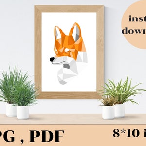 May include: Geometric fox print in orange and white colors, framed in a light wood frame. The print is 8 by 10 inches and is available as a JPG or PDF download.