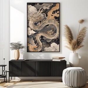 Oriental Dragon Wall Art Print for Japandi Decor – Mythical Serpent Poster with Cloud Motif, Neutral Asian Home Artwork