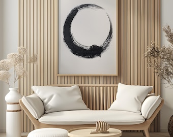 Impresión artística de pared Enso Circle: pintura minimalista zen japonesa con pincel para salas de meditación modernas o decoración del hogar inspirada en Wabi Sabi.