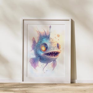 Fantasy Anglerfish Wall Art, Vibrant Deep Sea Creature Digital Download for Unique & Modern Decor, Surreal Ocean Monster Painting