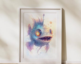 Fantasy Anglerfish Wall Art, Vibrant Deep Sea Creature Digital Download for Unique & Modern Decor, Surreal Ocean Monster Painting