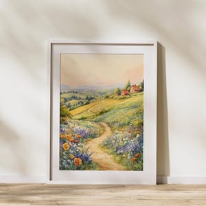 Watercolor Countryside Path Wall Art, Wildflower Meadow and Cottage Landscape, Rustic Digital Download for Farmhouse Home Decor