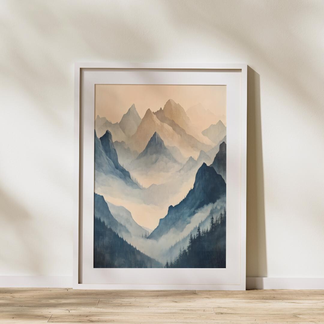 Misty Mountain Landscape Wall Art - Watercolor Nature Scene, Tranquil ...