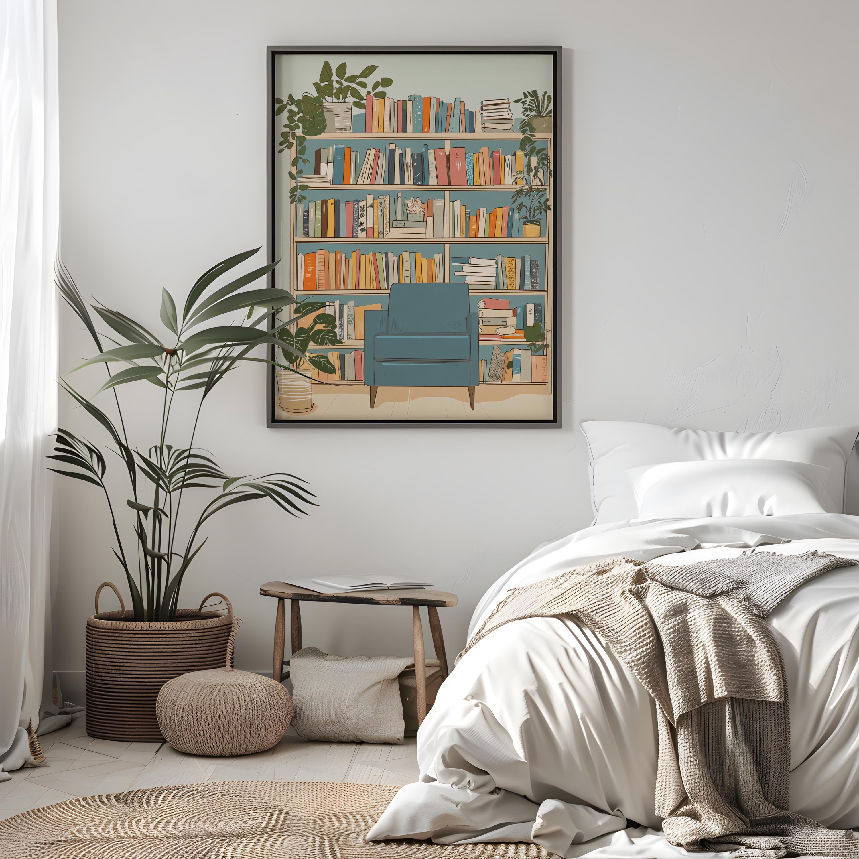 Cozy Reading Nook Wall Art Print With Bookshelf and Armchair, Colorful ...