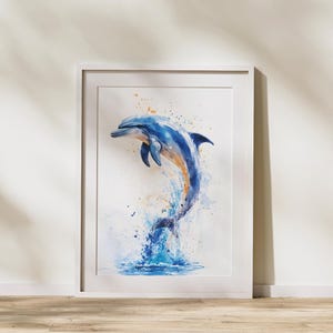 Watercolor Dolphin Wall Art, Vibrant Ocean Animal Digital Download, Splashing Dolphin Painting for Coastal or Kids Room Decor