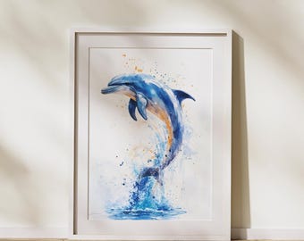 Aquarel dolfijnprint, levendige oceaankunst (digitale download)
