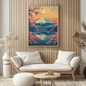 Berg Fuji Wand Kunst Druck - Japanische Sonnenuntergang Landschaft mit Kirschblüten und Spiegelung - Serene Natur Poster für Zen Wohnkultur