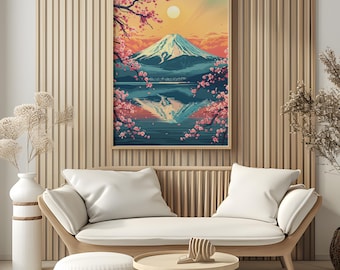 May include: A framed art print depicts a serene Japanese landscape. The artwork showcases Mount Fuji, a lake, and cherry blossoms in shades of pink, blue, and orange. The print is displayed above a light-colored sofa in a living room setting.