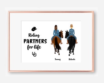 Archivo digital, regalo de pareja, impresión de mejor amigo montando a caballo, impresión personalizada de mejor amigo, compañeros de equitación de por vida, regalo de jinete, retrato de caballo