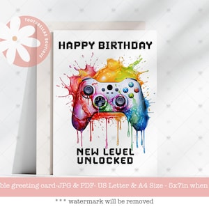 Druckbare Geburtstagskarte, Gamer Geburtstagskarte, Geburtstagskarte für jedes Alter, Videospieler Karte, Level Up Karte, Tween Karte, Geschenk für Gamer