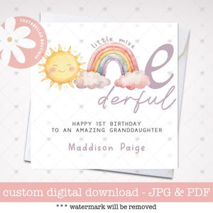 Carte imprimable - carte personnalisée pour le 1er anniversaire, motif Little Miss ONE-derful Sun & Rainbow, parfaite pour le 1er anniversaire d'une fille