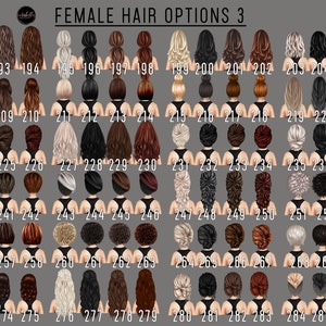 Pu&ograve; includere: Un grafico con 30 diversi stili di capelli femminili, numerati da 191 a 287. Gli stili di capelli sono mostrati dal retro, con la persona che guarda lontano dallo spettatore. Gli stili di capelli sono un mix di raccolti, code di cavallo, trecce e stili sciolti. I colori dei capelli sono un mix di biondo, castano, nero e rosso.