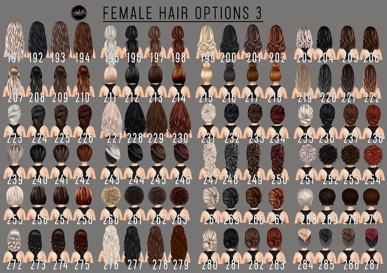 Pu&ograve; includere: Un grafico con 30 diversi stili di capelli femminili, numerati da 191 a 287. Gli stili di capelli sono mostrati dal retro, con la persona che guarda lontano dallo spettatore. Gli stili di capelli sono un mix di raccolti, code di cavallo, trecce e stili sciolti. I colori dei capelli sono un mix di biondo, castano, nero e rosso.