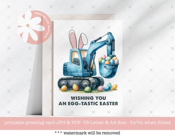 Druckbare Osterkarte - Blaue Bagger Grußkarte für Kinder, 13 x 18 Uhr Download, die Ihnen ein Osterfest wünscht