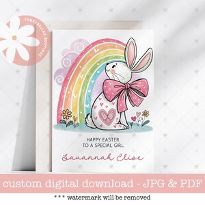 Osterkarte für Mädchen, Oster Karte zum Ausdrucken, Regenbogen Hase Karte mit Name, süßes Baby Grußbild, Last Minute Geschenk, frohe Ostern für ein besonderes Mädchen
