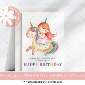 5x7 Instant Download | Magical Rainbow Unicorn Birthday Card | Printable Rainbow Card for Daughter | Whimsical Birthday Surprise