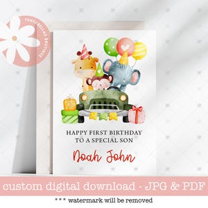 Tarjeta imprimible, tarjeta de cumpleaños con temática de animales de la jungla de safari, tarjeta para niños, tarjeta personalizada para cualquier edad y cualquier nombre, tarjeta de cumpleaños de animales,