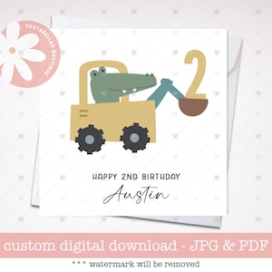 Tarjeta imprimible, tarjeta de cumpleaños personalizada con excavadora para niños, cualquier nombre o edad, tarjeta de construcción para niños, tarjeta para nieto, hijo, sobrino, primo