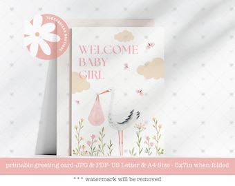 Tarjeta de bienvenida para niña: Felicitaciones para recién nacida (descarga digital)