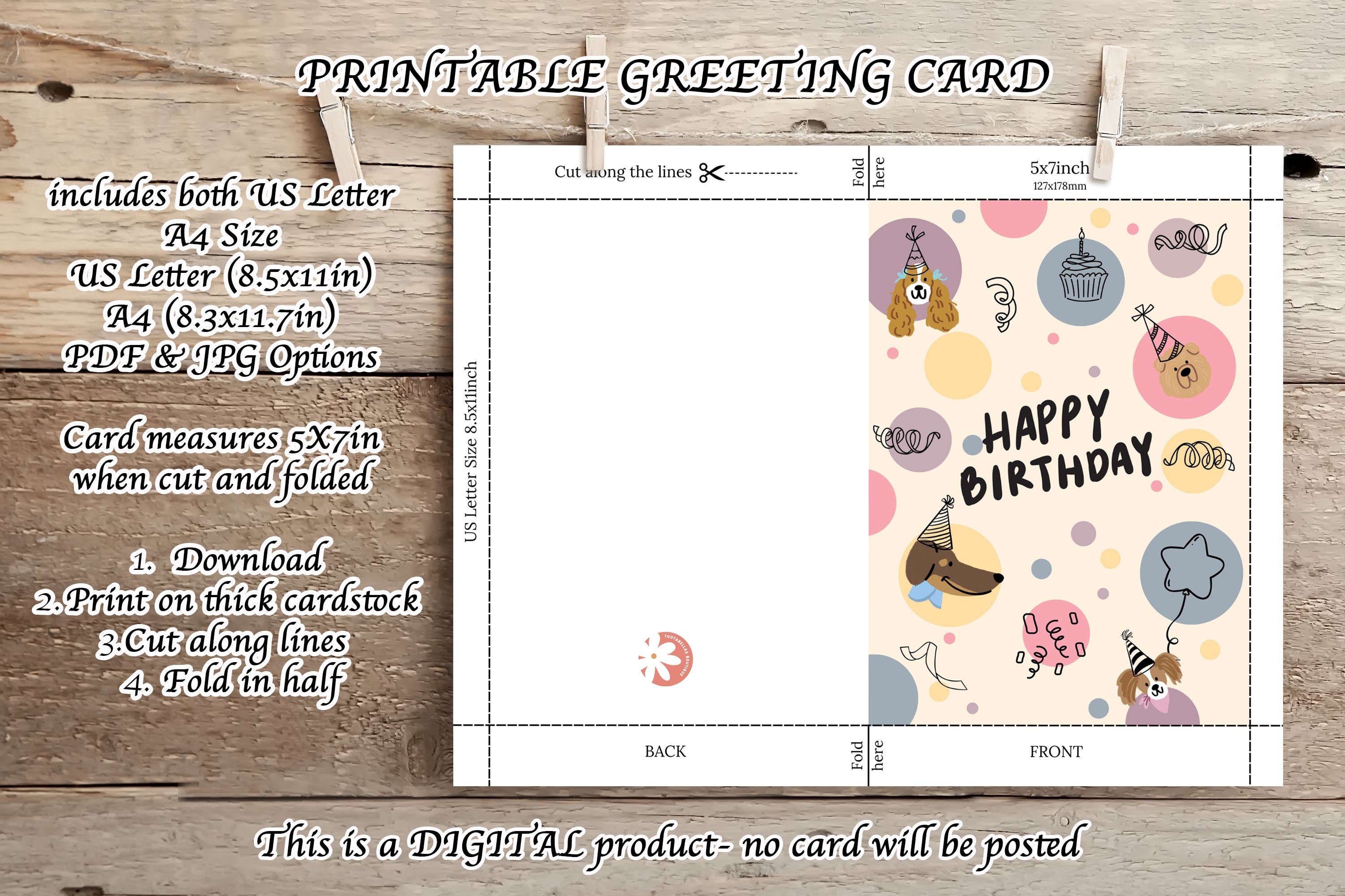 Printable Birthday Card, Cute Dog Birthday Card, Dog Lover Card, Card ...