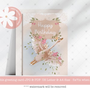 Cartão de aniversário de cisne para impressão 5x7, download instantâneo, cartão de feliz aniversário excêntrico para meninas para filha, sobrinha, neta, amiga, irmã