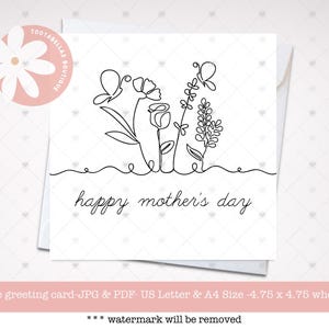 Carte de fête des mères imprimable, dessin au trait minimaliste, design floral, carte numérique à téléchargement immédiat pour maman, cadeau DIY simple et élégant pour maman