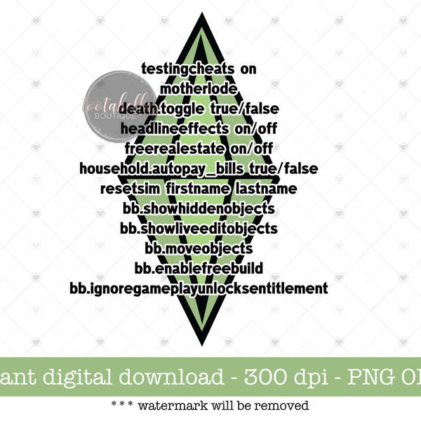 Commercial Use Digital Download, Sims 4 Cheats List , Gamer Sublimation, Printable File, Plumbob, Make Into Stickers, The Sims Cheat Guide