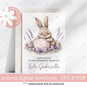 Carte de Pâques de lapin mignon | Carte imprimable en téléchargement numérique pour fille | Nom personnalisé et relation | Motif lapin oeuf pastel pour panier de Pâques