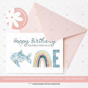 1. Geburtstag Karte: Süßes Fisch-Design, du bist O-Fish-Ally One, Instant Download Kinder Gruß, wunderliche erste Geburtstagskarte 18x15