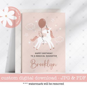 Cartão de feliz aniversário unicórnio personalizado para imprimir para meninas - Download digital Cartão mágico de felicitações para filha e neta