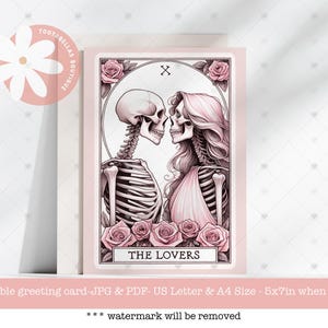 Cartão para impressão - Cartão de Dia dos Namorados do Tarô dos Amantes, Cartão de Amor de Esqueleto Engraçado e Humor Negro, Casamento Gótico Download instantâneo