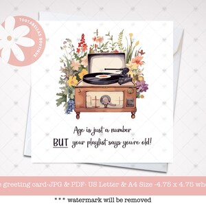 Carte imprimable, carte d'anniversaire amusante, l'âge n'est qu'un nombre MAIS votre liste de lecture dit que vous êtes vieux, carte pour vieillir, carte florale pour tourne-disque