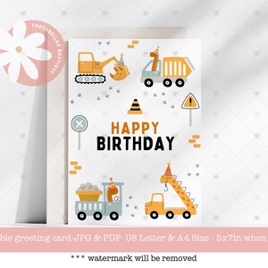 Carte d'anniversaire en construction dinosaure imprimable, téléchargement immédiat 5 x 7 Dino Diggers camion à benne basculante grue carte pour garçons, carte pour fils ou petit-fils