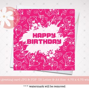 Carte d'anniversaire imprimable - carte d'anniversaire rose Gamer Girl, téléchargement immédiat, carte de jeu pour fille, nièce et petite-fille