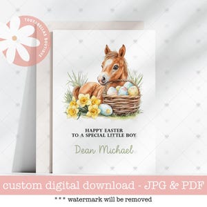 May include: Watercolor Easter card featuring a brown foal resting near a basket of decorated eggs and yellow daffodils. The card includes the text "Happy Easter to a special little boy" and a name. Digital download.
