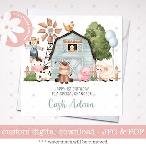 Cartão de aniversário para impressão, cartão personalizado de 1º, 2º, 3º, 4º e 5º aniversário, tema de animal de fazenda Blue Barn, crianças de qualquer nome, idade e parentesco