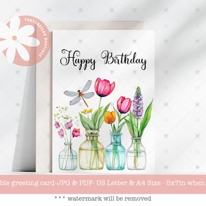 Alles Gute zum Geburtstagskarte - 13x18 druckbare Blumen- & Libellendesign, Sofort Download für Mama, Geburtstagswünsche, Grußkarte