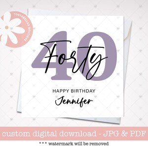 Cartão de aniversário de 40 anos personalizado para impressão – Cartão de feliz aniversário de 40 anos para mãe ou melhor amiga, presente fofo de lembrança para completar 40 anos, cartão de agradecimento pelos 40 anos