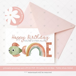 Carte de joyeux anniversaire, vous êtes O-Fish-Ally One - carte de voeux imprimable pour le 1er anniversaire, téléchargement immédiat carte 5 x 7, carte non sexiste