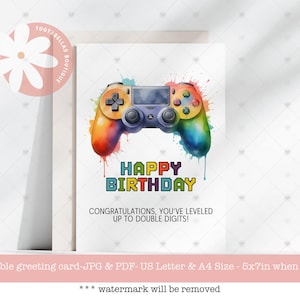 Carte de 10e anniversaire, carte d'adolescent gamer imprimable, jeu vidéo à téléchargement numérique 5 x 7 chiffres, carte d'anniversaire améliorée pour fils ou petit-fils