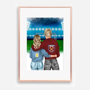 Spersonalizowany wydruk sztuki piłkarskiej - cyfrowy plik Portret pary piłkarskiej, idealne prezenty dla niego i dla niej, wyjątkowy plakat sportowy, prezent sportowy EPL