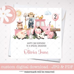 Carte à imprimer, 2e anniversaire d'un animal de la ferme personnalisée, deuxième carte d'anniversaire pour fille, thème de la ferme avec tracteur rose, tout âge, toute relation