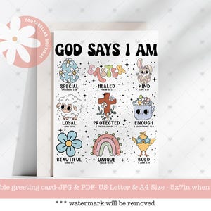 Cartão de Páscoa para impressão - Cartão de Páscoa cristão religioso para crianças, 5x7 Download instantâneo, Design bonito e neutro em termos de gênero, Deus diz que eu sou