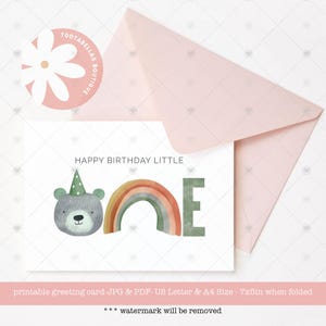 Afdrukbare kaart 1e verjaardag - schattige beer babywenskaart, Instant Download 5 x 7, gelukkige verjaardag kleintje, last-minute cadeau-idee